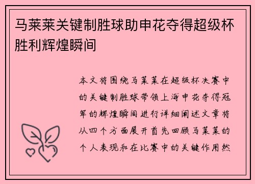 马莱莱关键制胜球助申花夺得超级杯胜利辉煌瞬间 马莱莱关键制胜球助申花夺得超级杯胜利辉煌瞬间